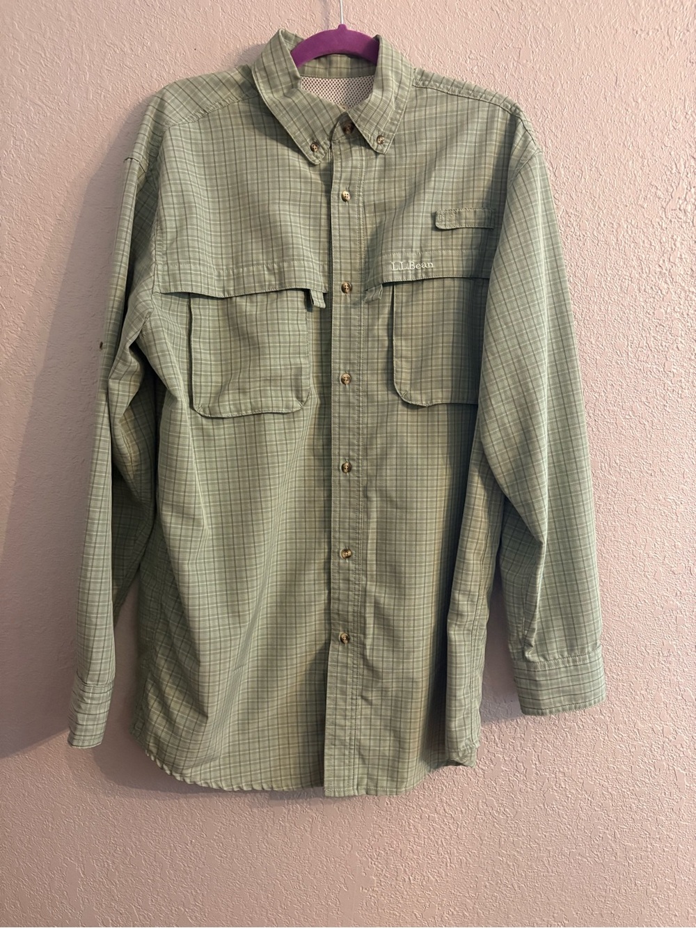 L.L. Bean Men's Button-Up Shirt in Light Green Plaid